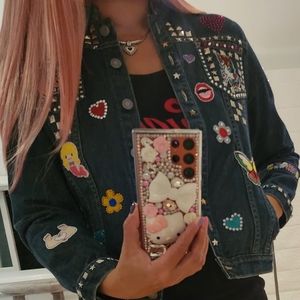 Upcycled Unicorn Patch Jean Jacket Studs Rhinstones Vintage XS Kawaii Punk Rock